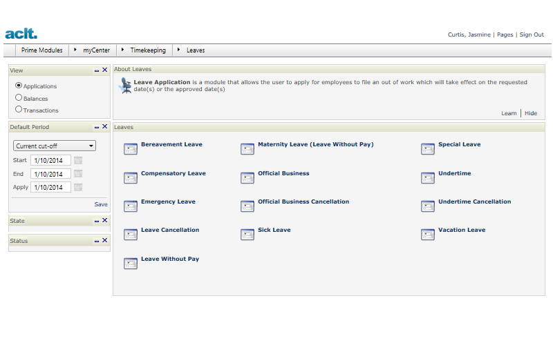 Leave application interface